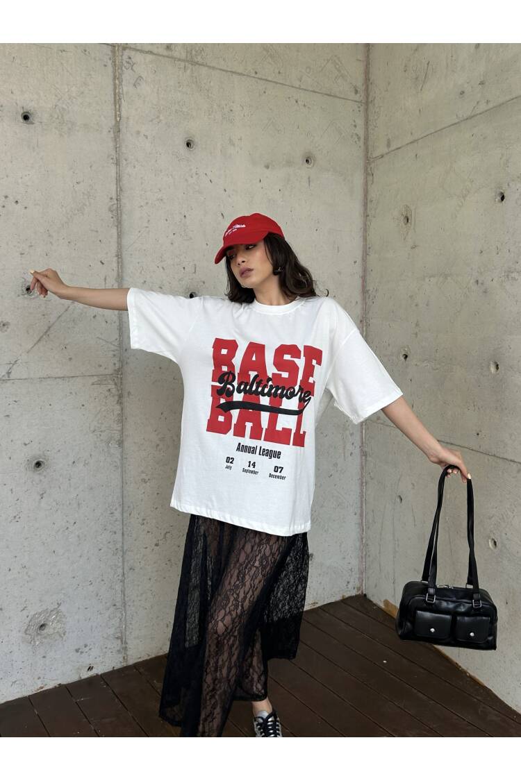 White 100% Cotton Printed Oversize T-shirt 29179 - First Angels - Globality Store - Women Clothes Wholesale Turkey
