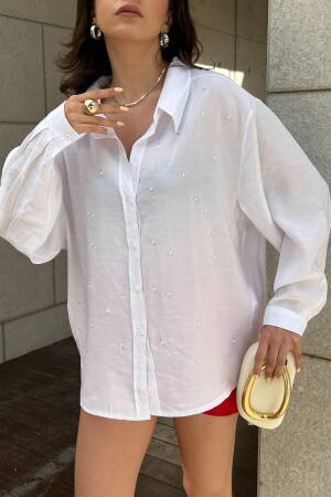 Modal Fabric Pearl Detailed Oversize Shirt 29095 - First Angels - Globality Store - Women Clothes Wholesale Turkey