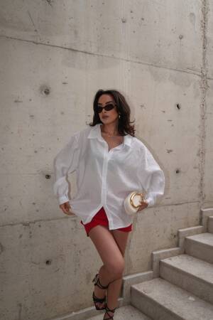 Modal Fabric Pearl Detailed Oversize Shirt 29095 - First Angels - Globality Store - Women Clothes Wholesale Turkey