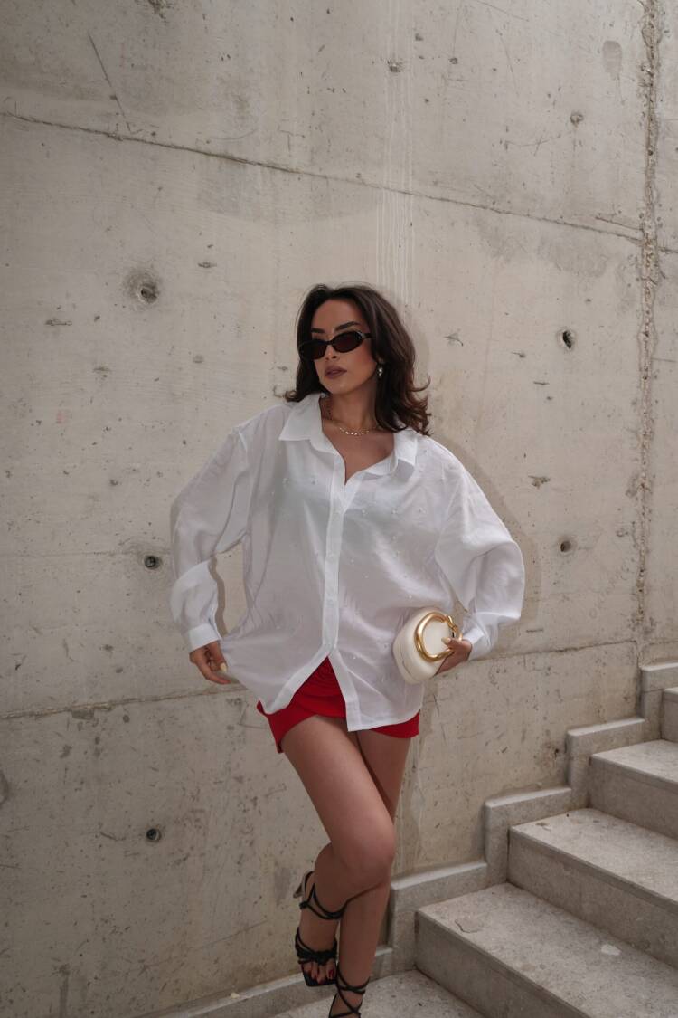 Modal Fabric Pearl Detailed Oversize Shirt 29095