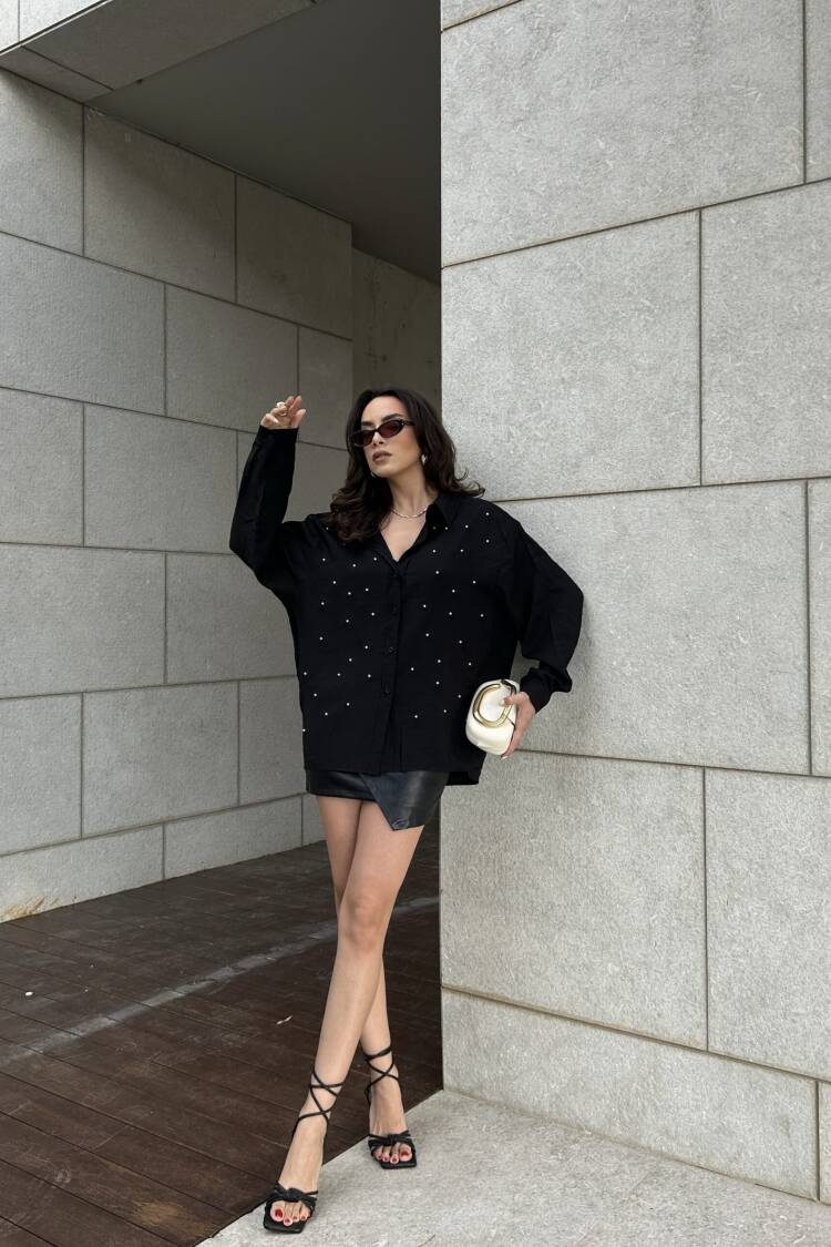 Modal Fabric Pearl Detailed Oversize Shirt 29095
