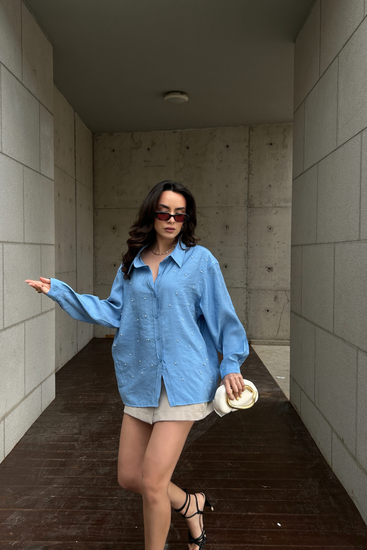Modal Fabric Pearl Detailed Oversize Shirt 29095