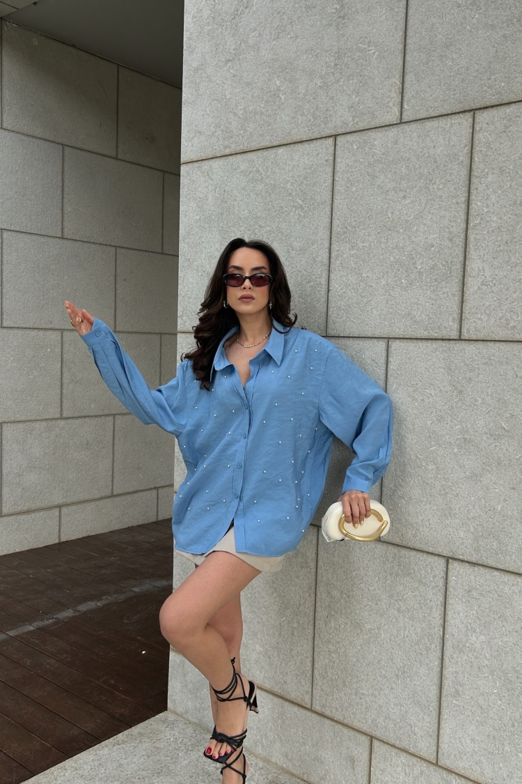 Modal Fabric Pearl Detailed Oversize Shirt 29095