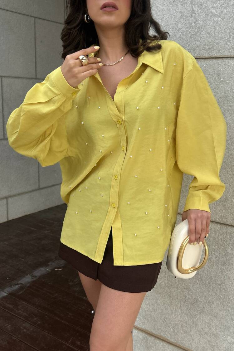 OilModal Fabric Pearl Detailed Oversize Shirt 29095 - First Angels - Globality Store - Women Clothes Wholesale Turkey