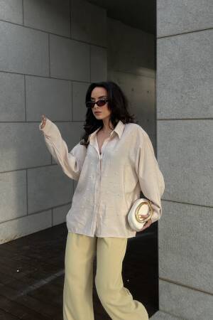 Modal Fabric Pearl Detailed Oversize Shirt 29095 - First Angels - Globality Store - Women Clothes Wholesale Turkey