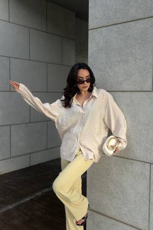 Modal Fabric Pearl Detailed Oversize Shirt 29095 - First Angels - Globality Store - Women Clothes Wholesale Turkey