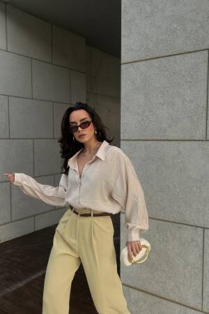 Modal Fabric Pearl Detailed Oversize Shirt 29095 - First Angels - Globality Store - Women Clothes Wholesale Turkey