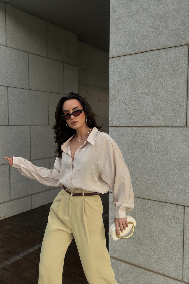 Modal Fabric Pearl Detailed Oversize Shirt 29095