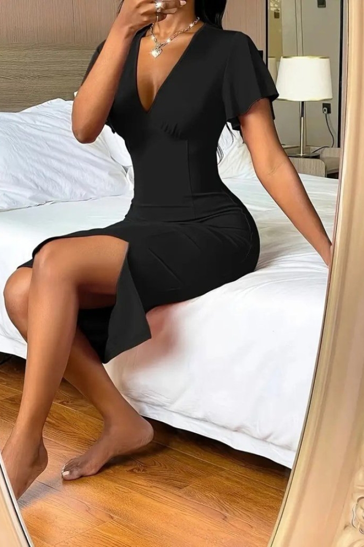 Women's Short Sleeve Deep Neckline V-Neck Slit Midi Janjan Crepe Dress - Black