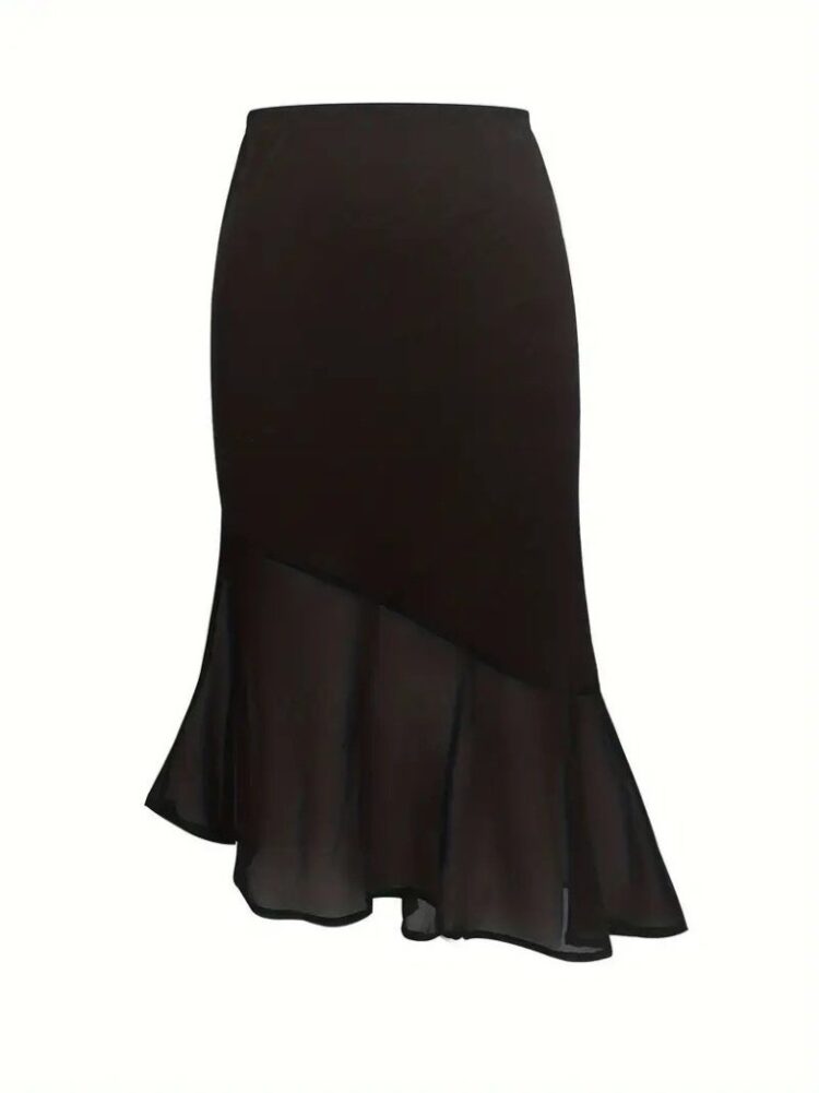 Women's High Waist Asymmetric Detailed Imported Crepe Skirt - Black