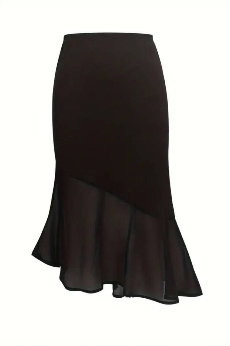 Women's High Waist Asymmetric Detailed Imported Crepe Skirt - Black