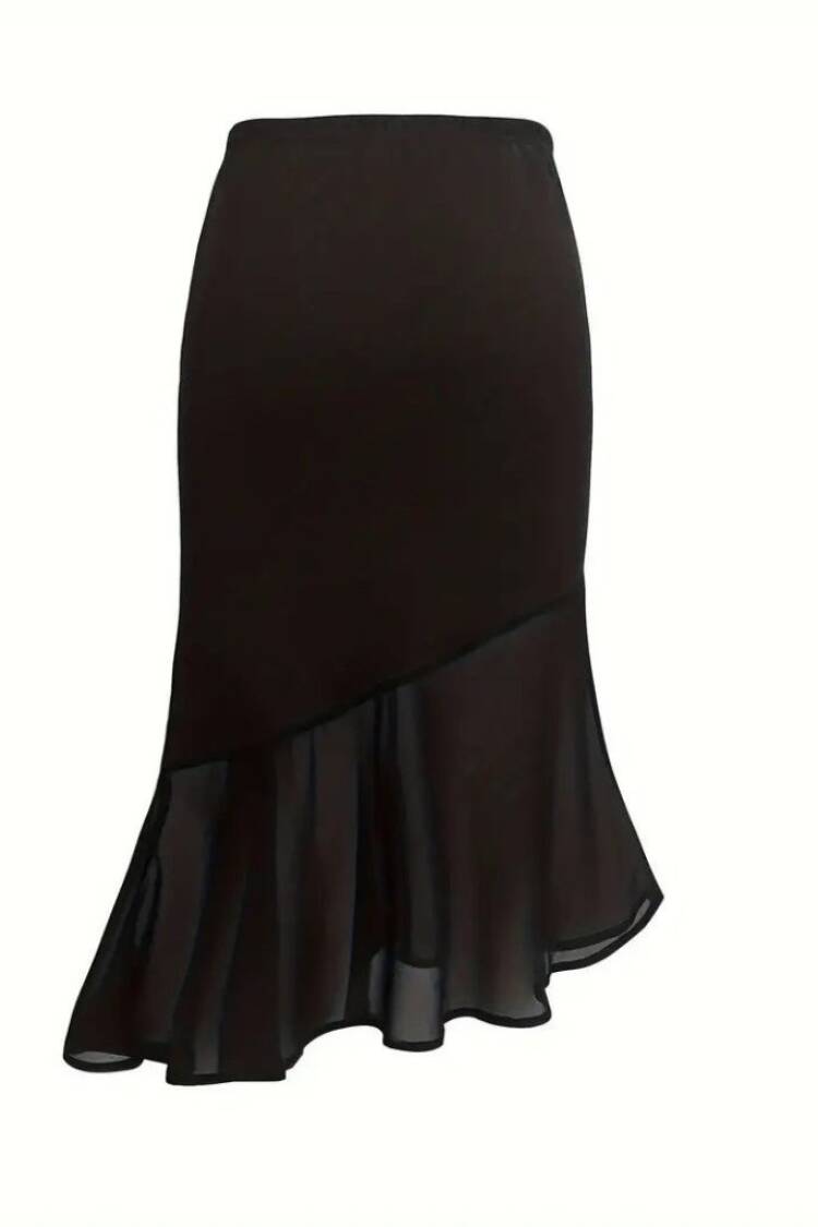 Women's High Waist Asymmetric Detailed Imported Crepe Skirt - Black