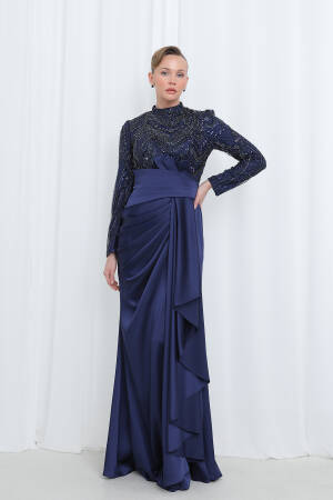 Women's Embroidered Waist Drape Detailed Satin Evening Dress - Puane - Globality Store - Women Clothes Wholesale Turkey