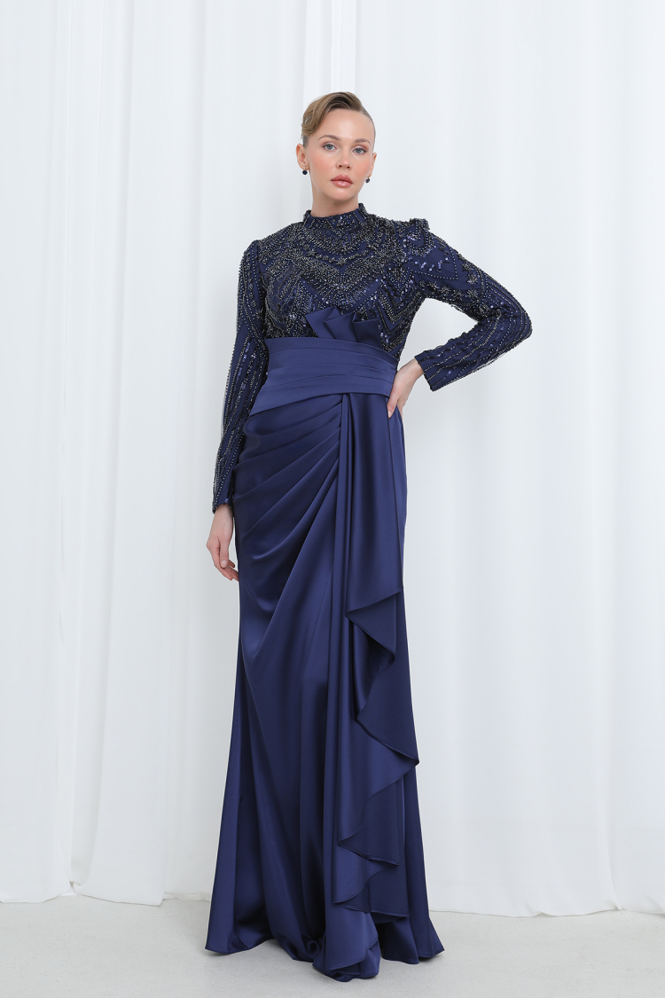 Women's Embroidered Waist Drape Detailed Satin Evening Dress