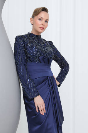 Women's Embroidered Waist Drape Detailed Satin Evening Dress - Puane - Globality Store - Women Clothes Wholesale Turkey