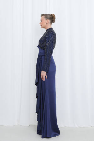 Women's Embroidered Waist Drape Detailed Satin Evening Dress - Puane - Globality Store - Women Clothes Wholesale Turkey