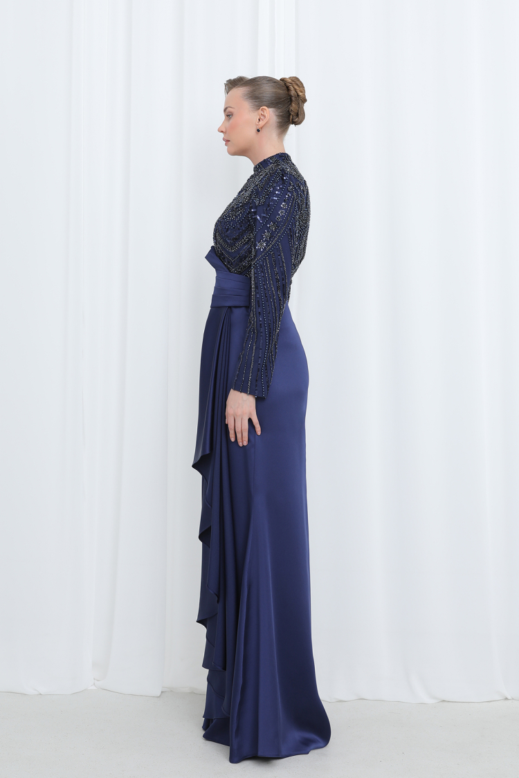 Women's Embroidered Waist Drape Detailed Satin Evening Dress