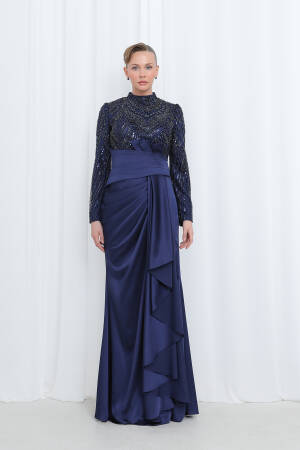 Women's Embroidered Waist Drape Detailed Satin Evening Dress - Puane - Globality Store - Women Clothes Wholesale Turkey