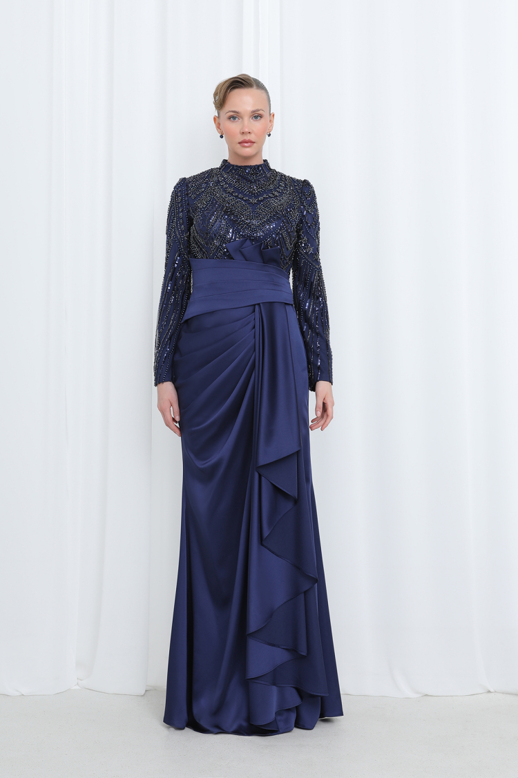 Women's Embroidered Waist Drape Detailed Satin Evening Dress