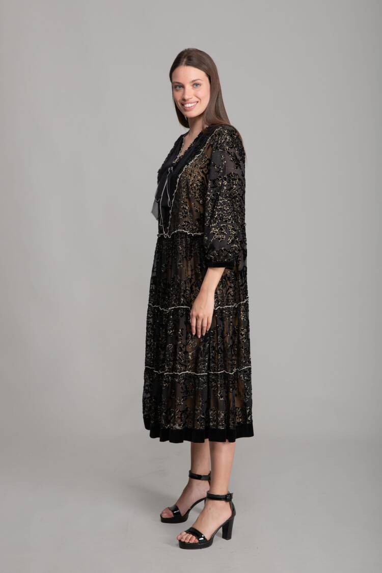 V Neck Silvery Burning Chiffon Dress - GUMANIZE - Globality Store - Women Clothes Wholesale Turkey