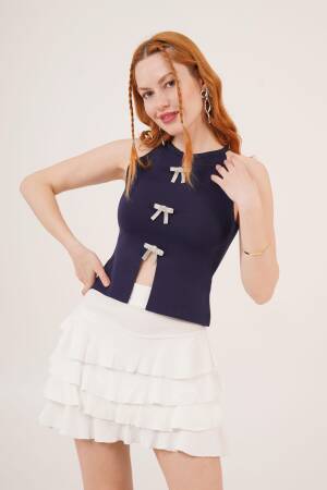 Stone Bow Brooch Detailed Zero Sleeve Wholesale Navy Blue Blouse - Lustrin - Globality Store - Women Clothes Wholesale Turkey