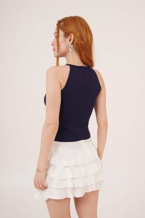 Stone Bow Brooch Detailed Zero Sleeve Wholesale Navy Blue Blouse - Lustrin - Globality Store - Women Clothes Wholesale Turkey