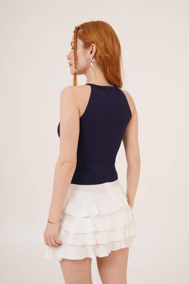 Stone Bow Brooch Detailed Zero Sleeve Wholesale Navy Blue Blouse