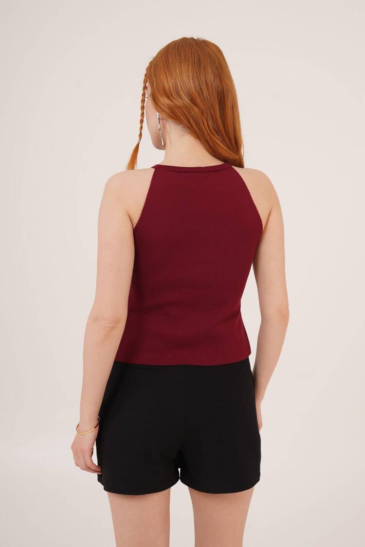 Stone Bow Brooch Detailed Zero Sleeve Wholesale Burgundy Blouse
