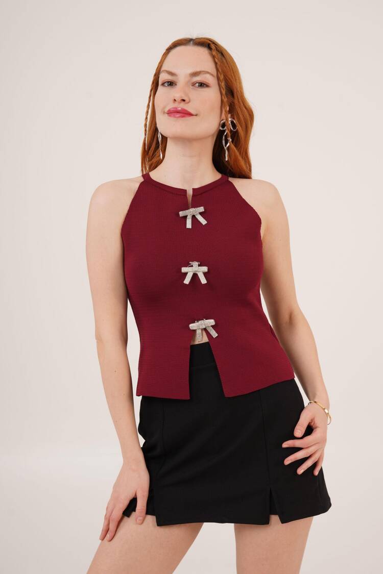 Stone Bow Brooch Detailed Zero Sleeve Wholesale Burgundy Blouse - Lustrin - Globality Store - Women Clothes Wholesale Turkey