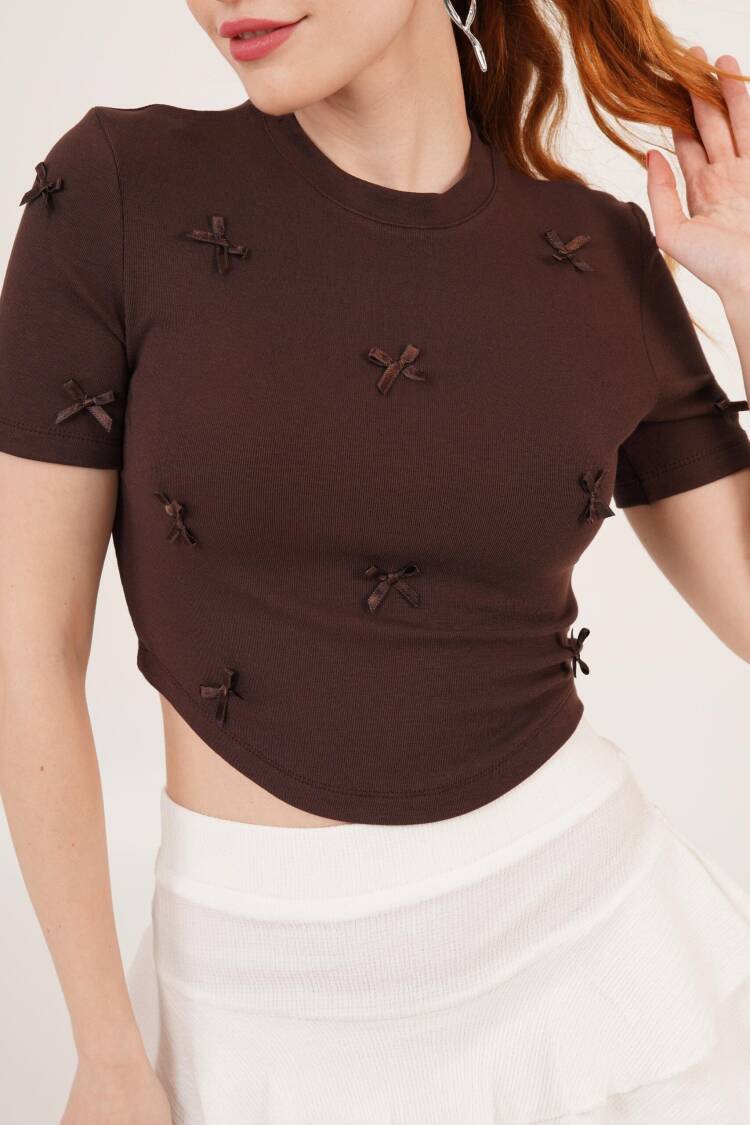 Wholesale Crop T Shirt With Bow Detail - Lustrin - Globality Store - Women Clothes Wholesale Turkey