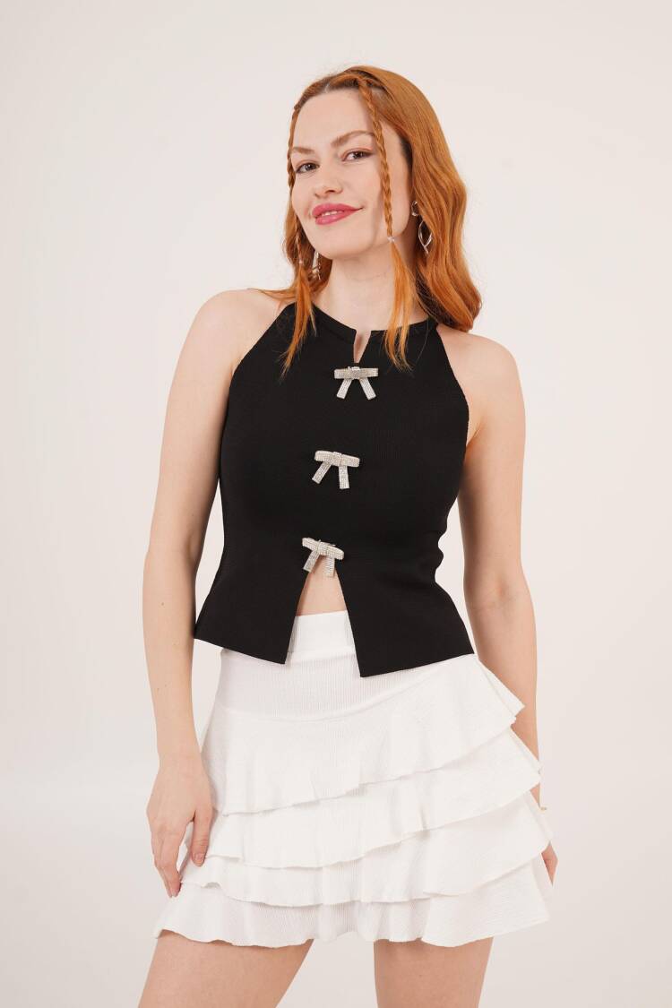 Stone Bow Brooch Detailed Zero Sleeve WholesaleBlouse - Lustrin - Globality Store - Women Clothes Wholesale Turkey
