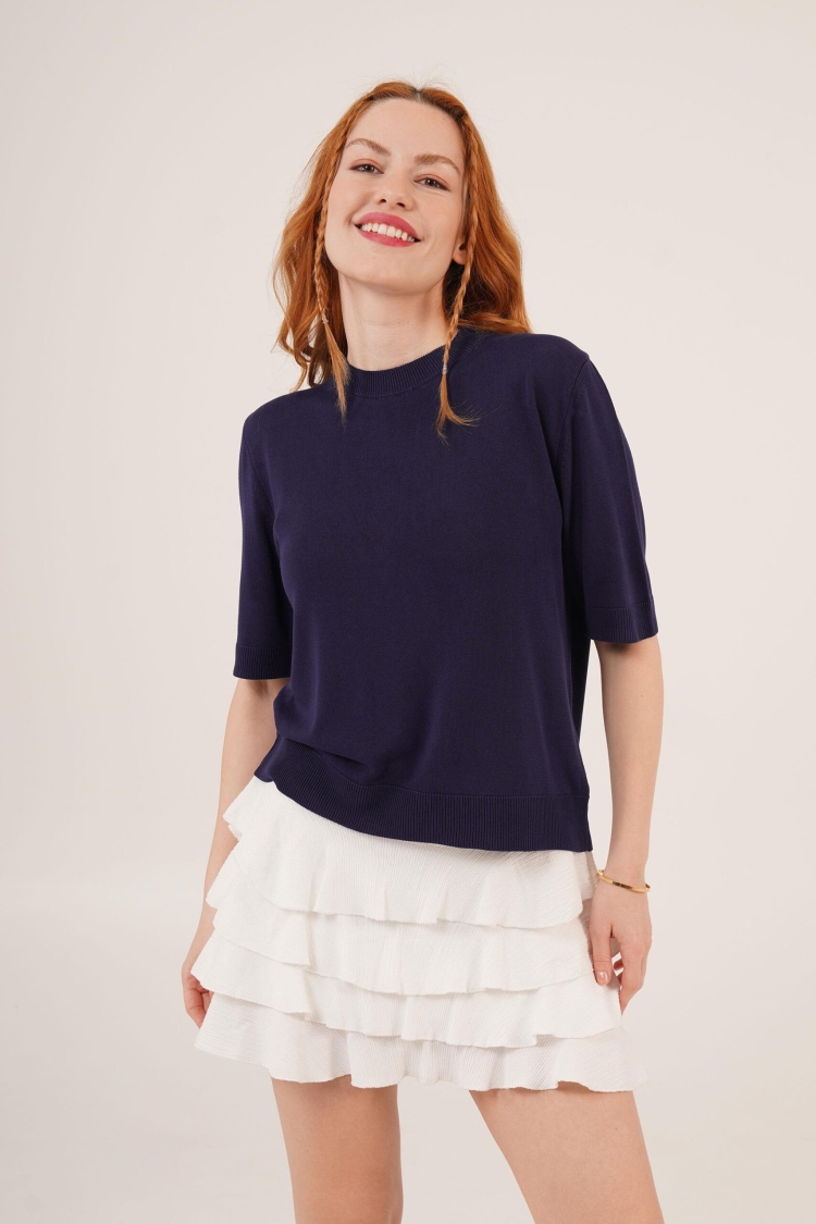 Half Sleeve Round Neck Lycra Wholesale Slim Navy Sweater Blouse - Lustrin - Globality Store - Women Clothes Wholesale Turkey