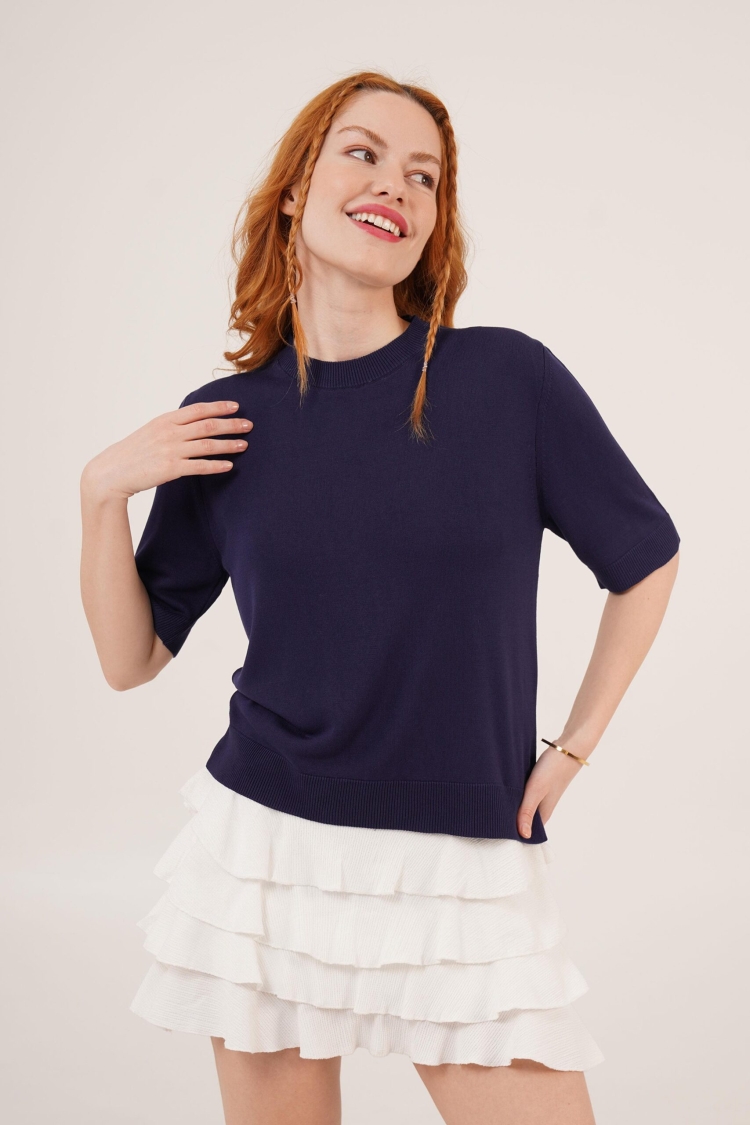Half Sleeve Round Neck Lycra Wholesale Slim Navy Sweater Blouse