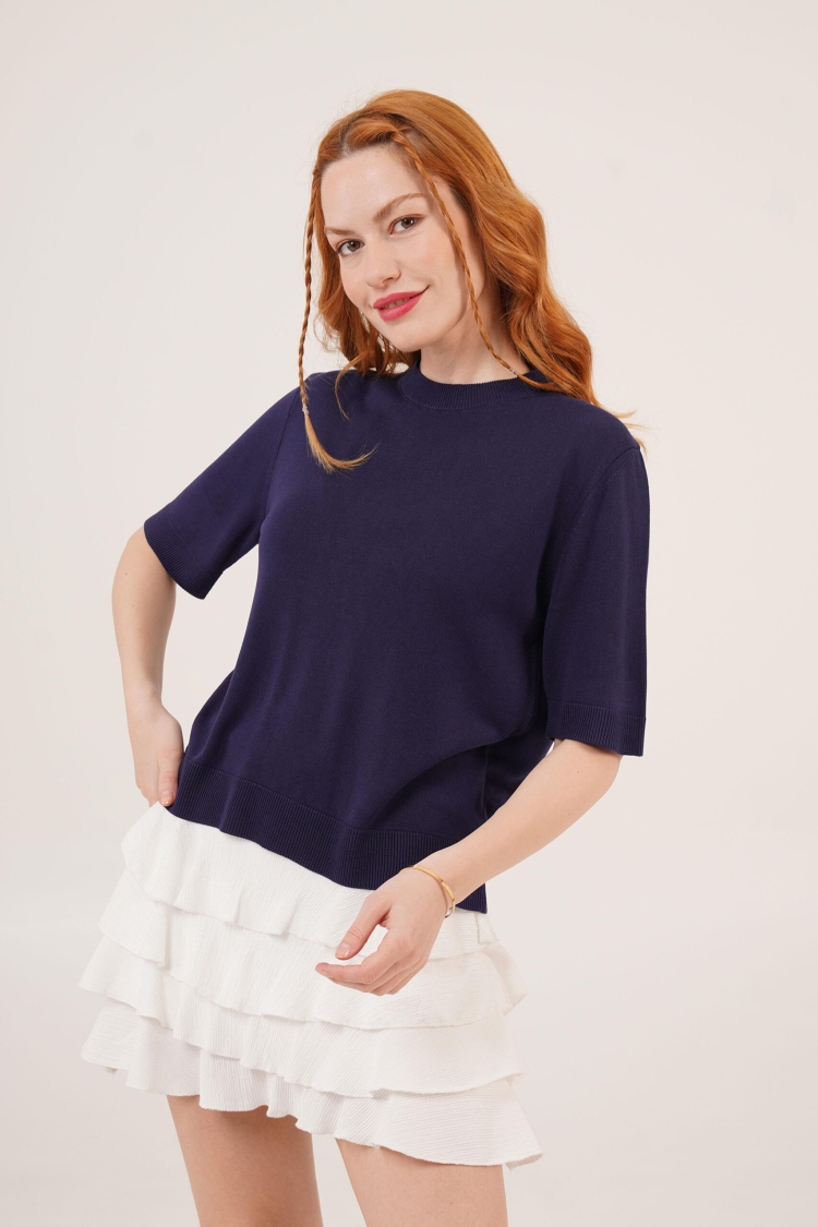 Half Sleeve Round Neck Lycra Wholesale Slim Navy Sweater Blouse