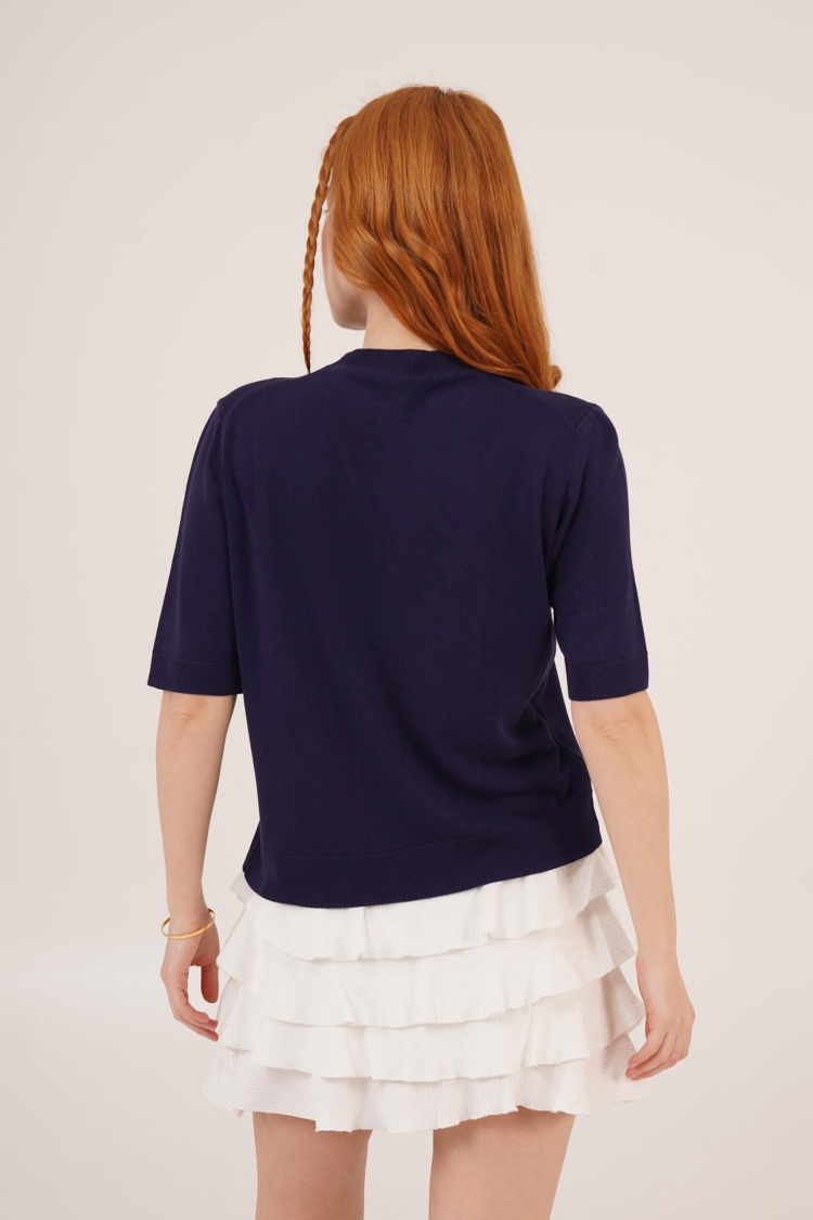 Half Sleeve Round Neck Lycra Wholesale Slim Navy Sweater Blouse