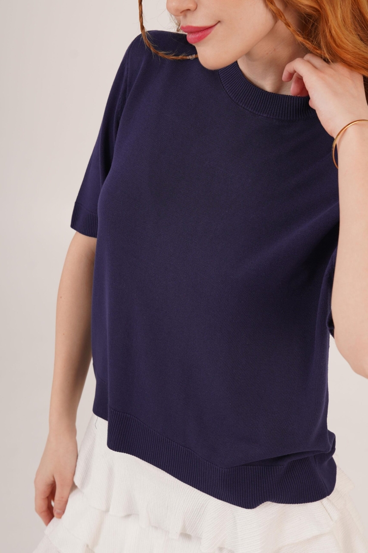 Half Sleeve Round Neck Lycra Wholesale Slim Navy Sweater Blouse