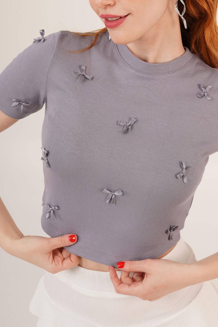 Wholesale Crop T Shirt With Bow Detail - Lustrin - Globality Store - Women Clothes Wholesale Turkey