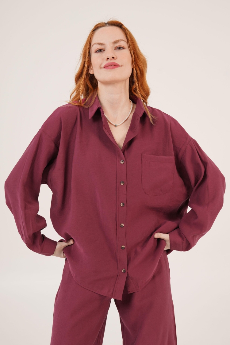 Slash Pattern Low Shoulder Single Pocket Burgundy Wholesale Shirt