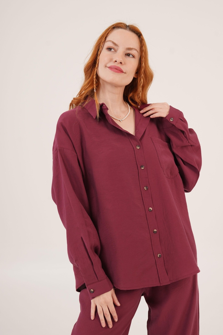 Slash Pattern Low Shoulder Single Pocket Burgundy Wholesale Shirt