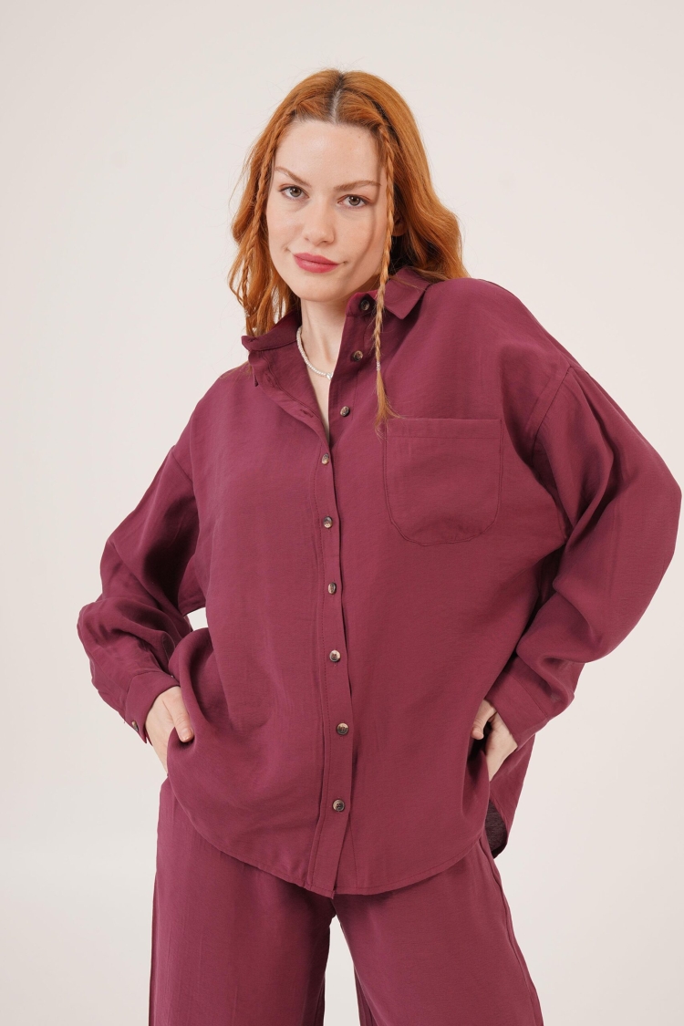Slash Pattern Low Shoulder Single Pocket Burgundy Wholesale Shirt