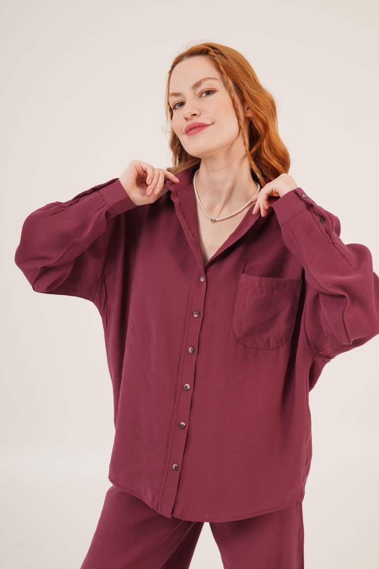 Slash Pattern Low Shoulder Single Pocket Burgundy Wholesale Shirt - Lustrin - Globality Store - Women Clothes Wholesale Turkey
