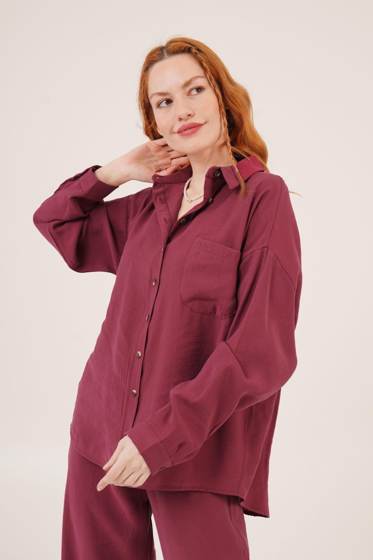 Slash Pattern Low Shoulder Single Pocket Burgundy Wholesale Shirt