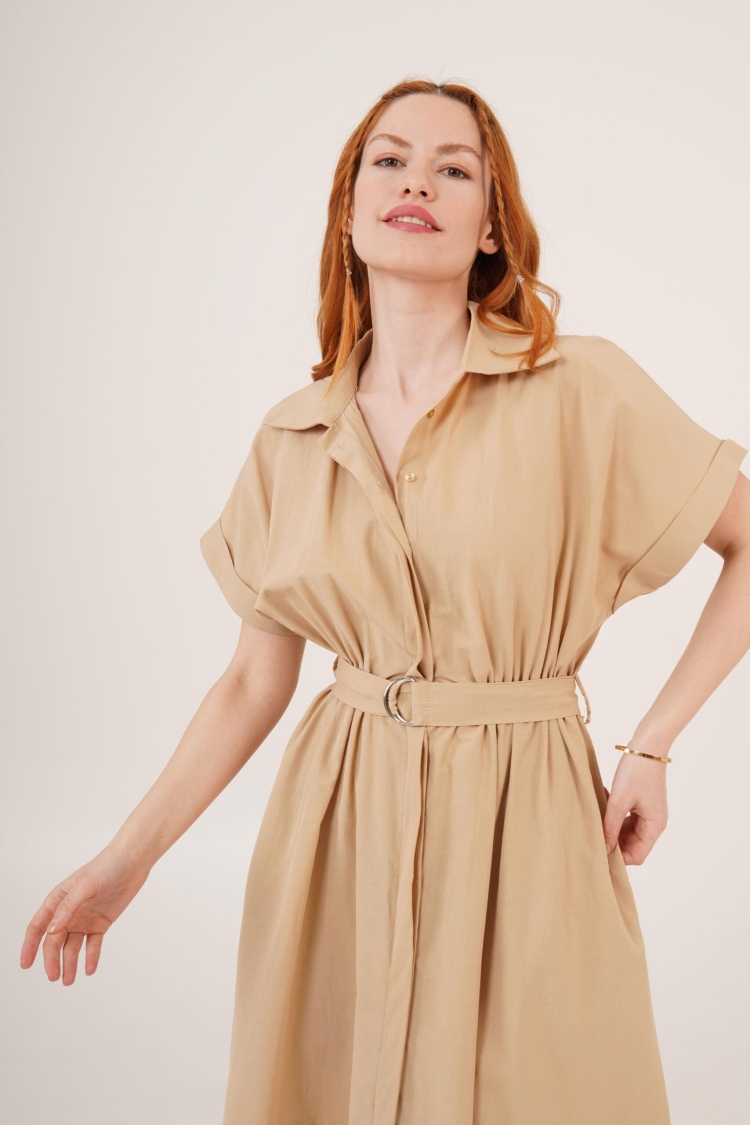 WholesaleLong Dress With Shirt Collar Neck Hidden Buttoned Belt Detailed