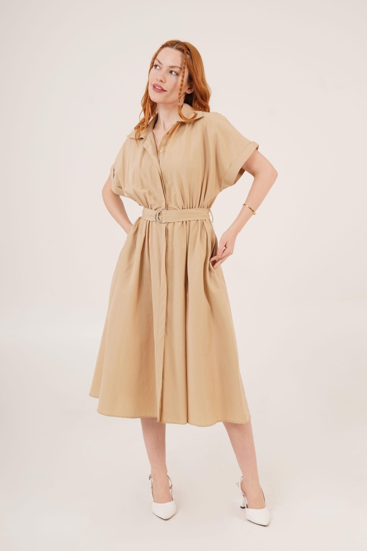 WholesaleLong Dress With Shirt Collar Neck Hidden Buttoned Belt Detailed - Lustrin - Globality Store - Women Clothes Wholesale Turkey