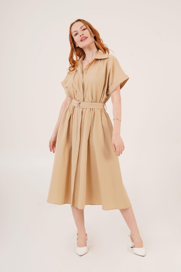 WholesaleLong Dress With Shirt Collar Neck Hidden Buttoned Belt Detailed