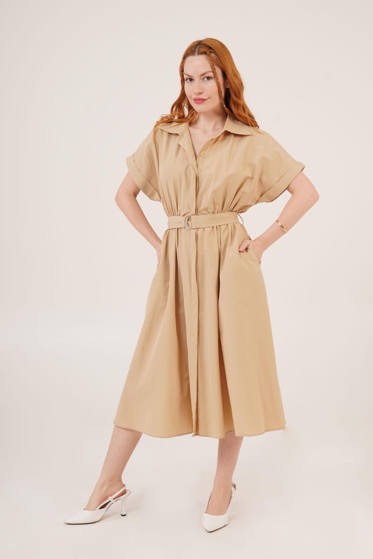 WholesaleLong Dress With Shirt Collar Neck Hidden Buttoned Belt Detailed