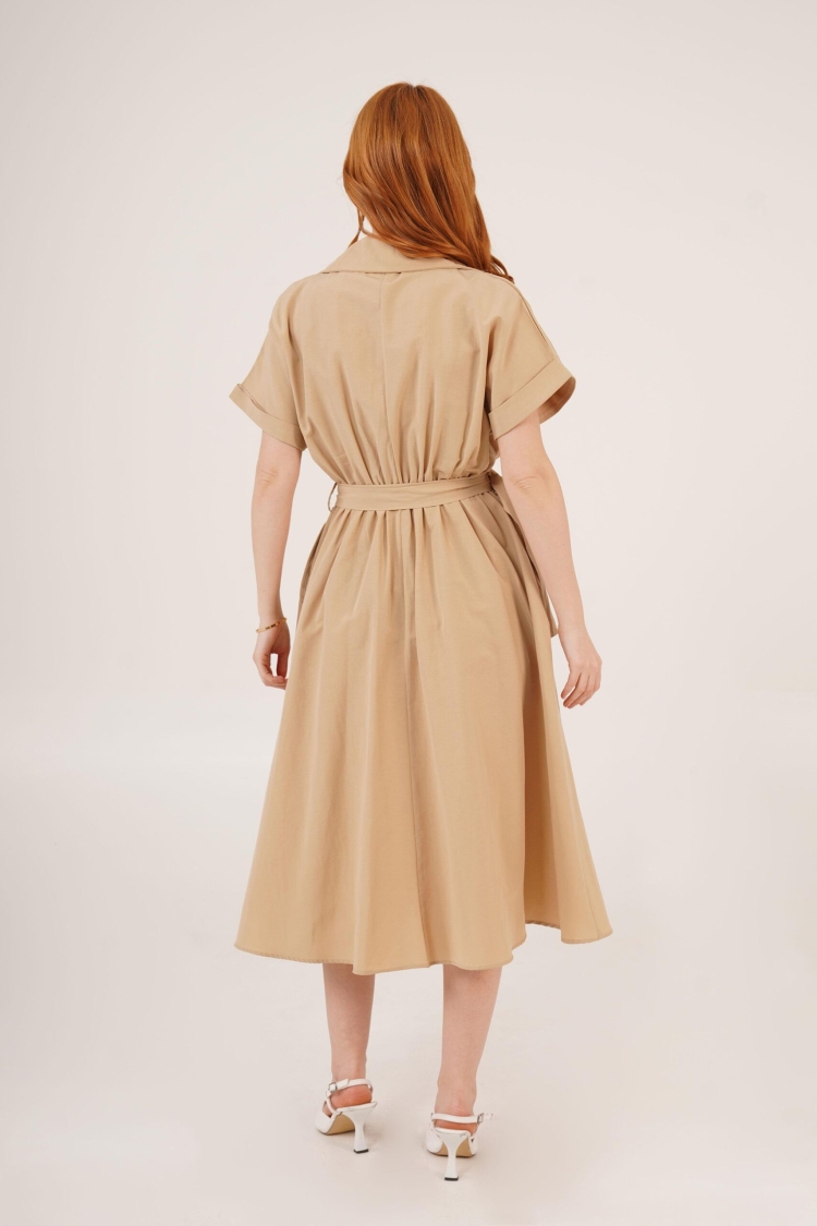 WholesaleLong Dress With Shirt Collar Neck Hidden Buttoned Belt Detailed
