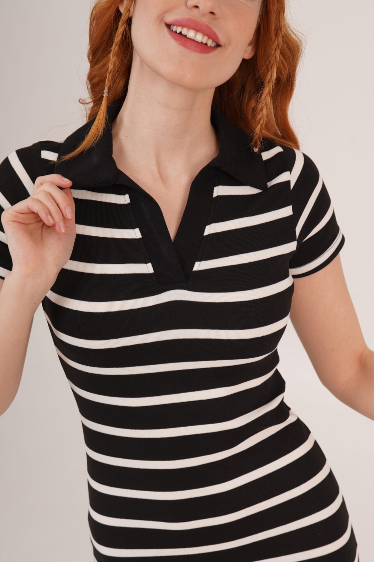 Polo Neck StripedWholesale Short Sleeve Dress