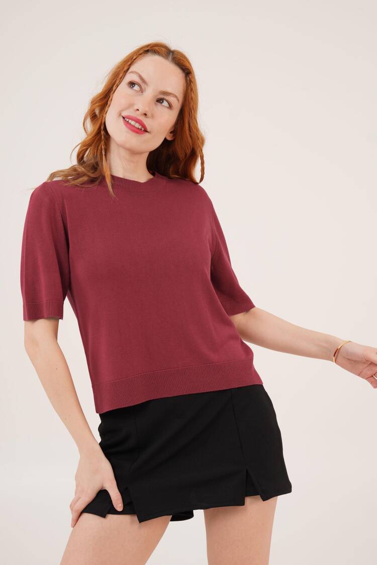 Half Sleeve Round Neck Lycra Wholesale Slim Burgundy Knitwear Blouse - Lustrin - Globality Store - Women Clothes Wholesale Turkey