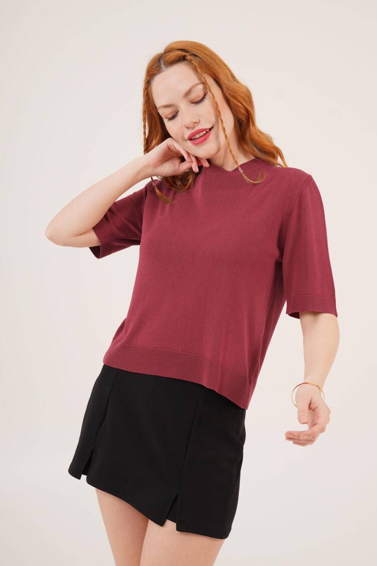 Half Sleeve Round Neck Lycra Wholesale Slim Burgundy Knitwear Blouse